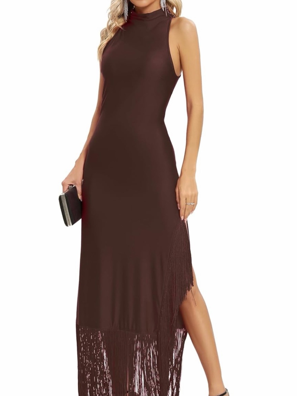 Sleeveless Mock Neck Fringe Hem Maxi Dress - Brown - size small